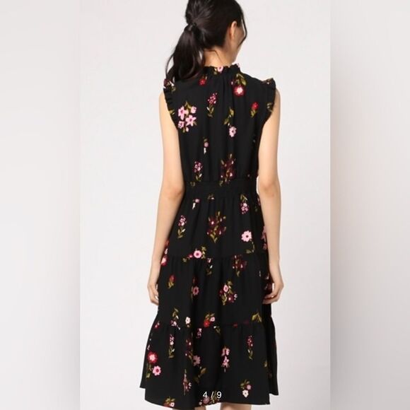 kate spade L Ma Cherie In Bloom Black Floral Smocked Waist Tiered A Line Dress - Picture 16 of 16